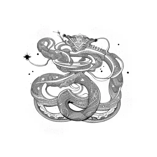 A cosmic serpent intertwining with alien symbols and zodiac constellations tattoo design idea