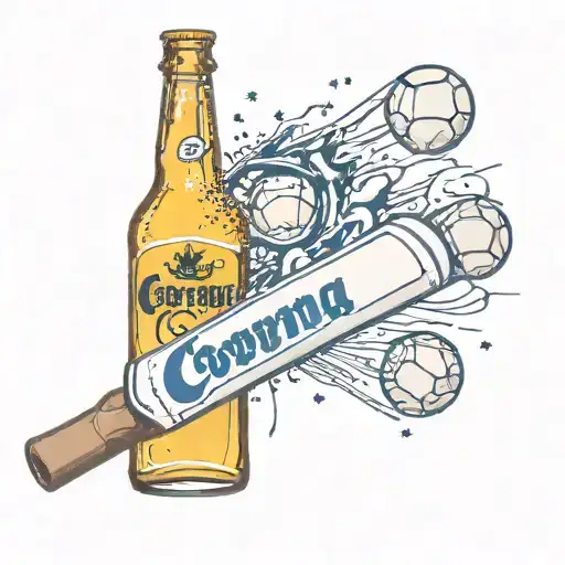 Corona bottle with baseball bats coming out from behind it with a football and a basketball and then the name Cody Main tattoo design idea