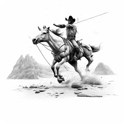 A cowboy riding on a wild horse in a rugged outdoor landscape, with a bow and arrow strapped to his back tattoo design idea