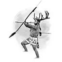A Native American warrior aiming a traditional bow and arrow at a target, with a silhouette of a deer in the background tattoo design idea
