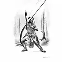 A Native American warrior aiming a traditional bow and arrow at a target, with a silhouette of a deer in the background tattoo design idea