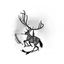 A Native American warrior aiming a traditional bow and arrow at a target, with a silhouette of a deer in the background tattoo design idea