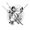 A Native American warrior aiming a traditional bow and arrow at a target, with a silhouette of a deer in the background tattoo design idea