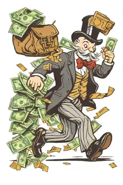 road to riches monopoly man running with bags of money tattoo design idea