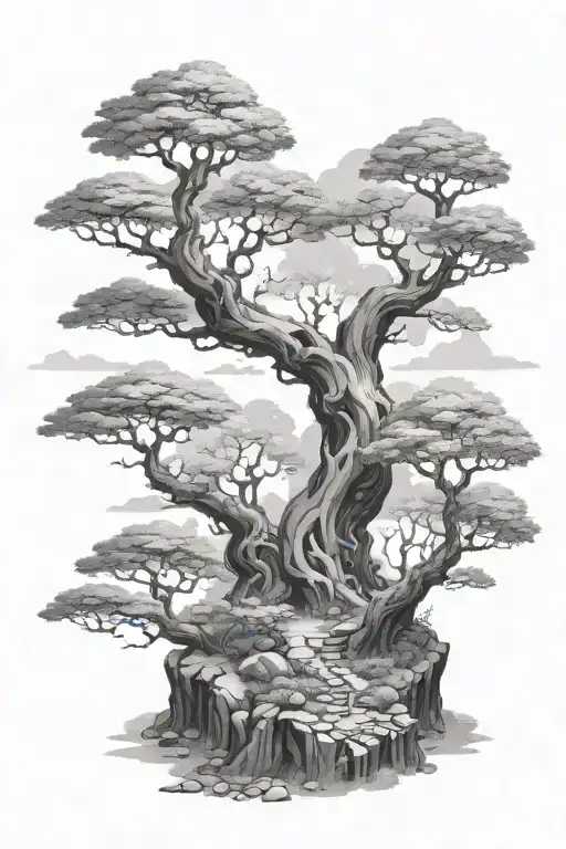 A Japanese mystical forest scene with hidden runescape references tattoo design idea