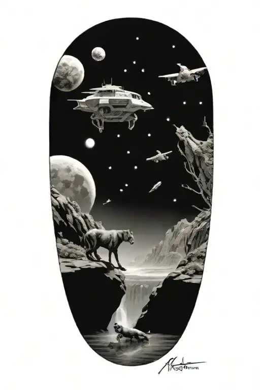 A technology inspired space landscape with animals tattoo design idea