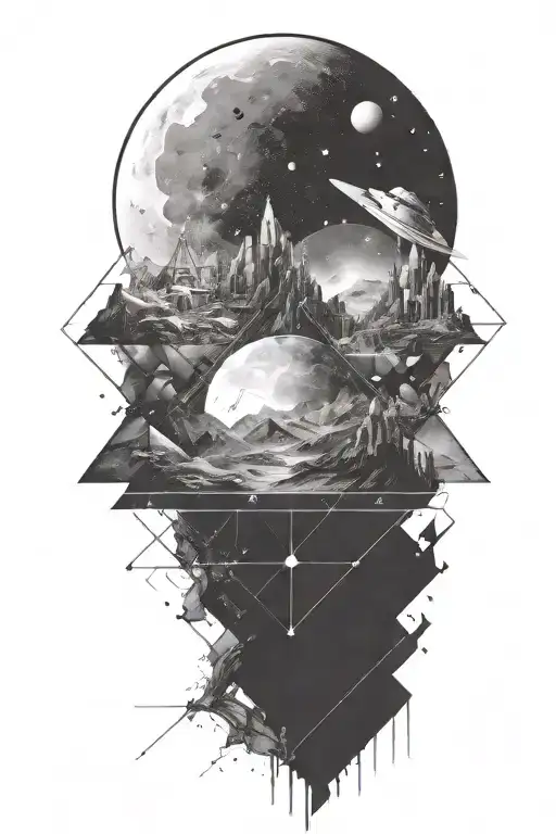A geometric space landscape inspired by fantasy that incorporates a tiny amount of cyan tattoo design idea