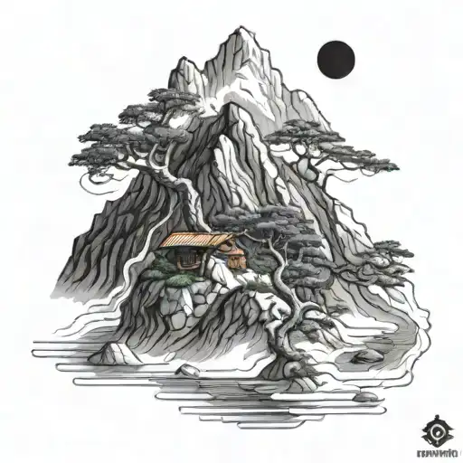 A detailed blackwork tattoo of a majestic mountain range with a tiny bonsai tree at the summit, symbolizing the client's love for hiking and bonsai. tattoo design idea