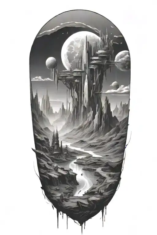 Futuristic landscape in space with Runescape elements tattoo design idea