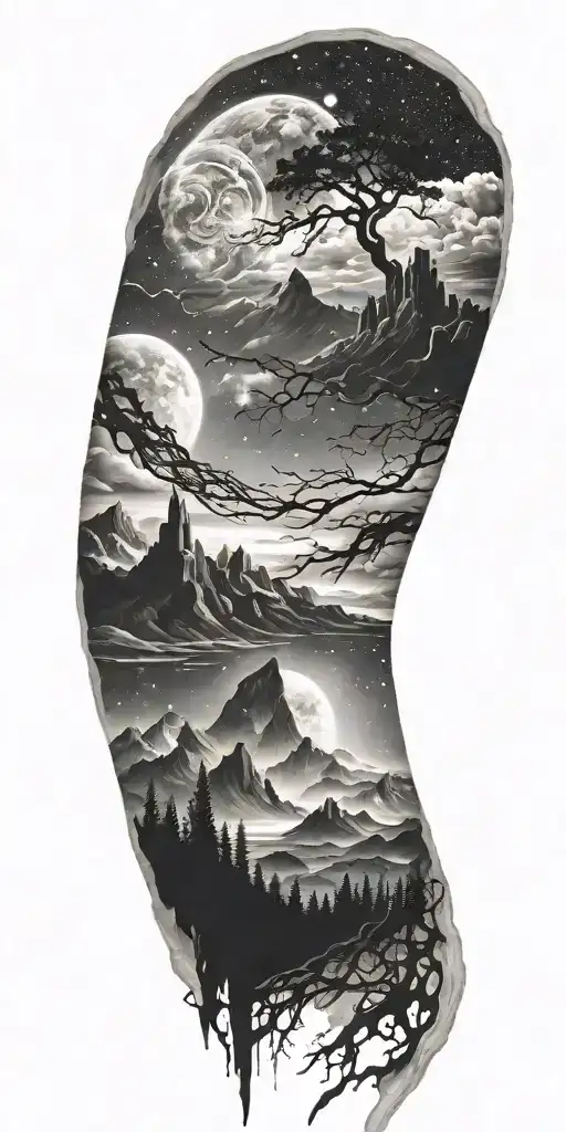 Galaxy landscape with technology tattoo design idea