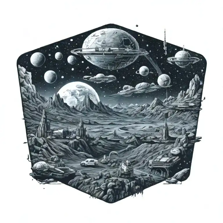 A space themed landscape inspired by technology in black and white with only a small amount of color tattoo design idea