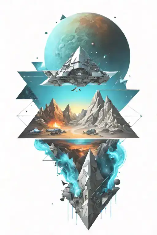 A space landscape inspired by technology incorporating triangles into the scene and a small amount of cyan tattoo design idea