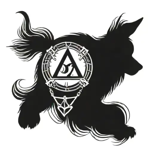 A blackwork tattoo of a loyal dog sitting under a mystical RuneScape rune, blending the client's favorite things of dogs and RuneScape. tattoo design idea