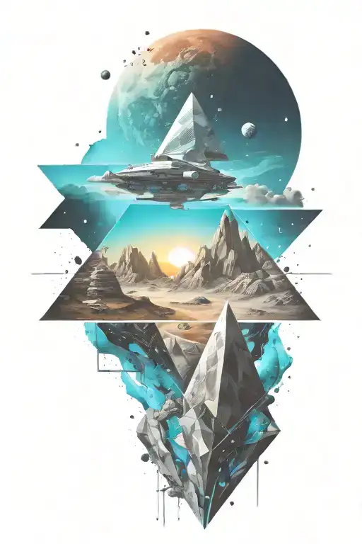 A space landscape inspired by technology incorporating triangles into the scene with cyan vapors tattoo design idea