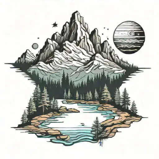 A realistic forested mountain with a river flowing through and a night sky of planets and stars tattoo design idea