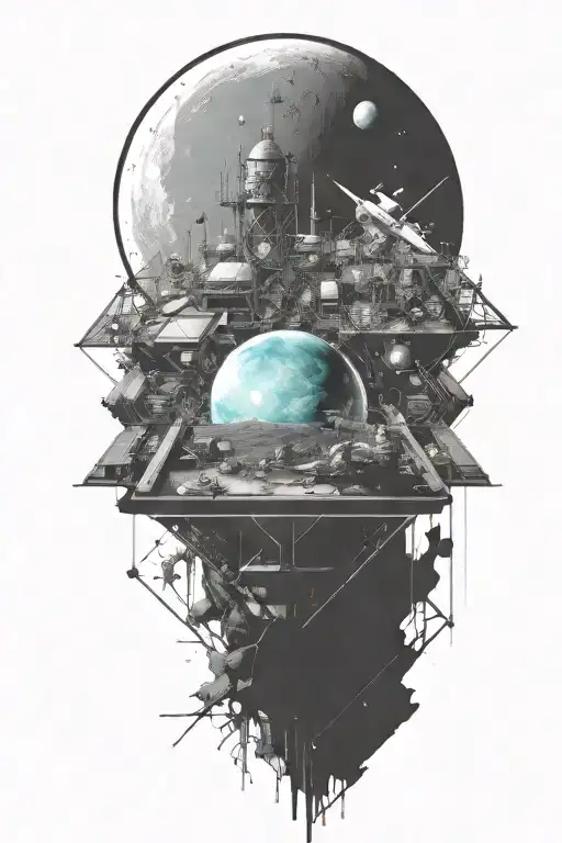 A space landscape inspired by technology that incorporates a tiny amount of cyan tattoo design idea