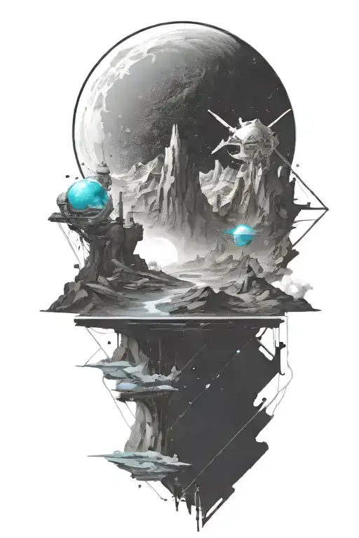A space landscape inspired by fantasy that incorporates a tiny amount of cyan tattoo design idea