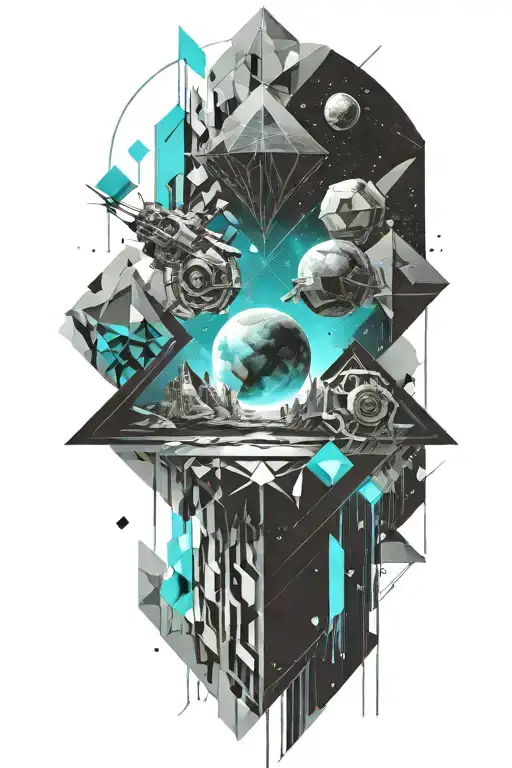 A geometric space landscape inspired by technology incorporating a small amount of cyan tattoo design idea