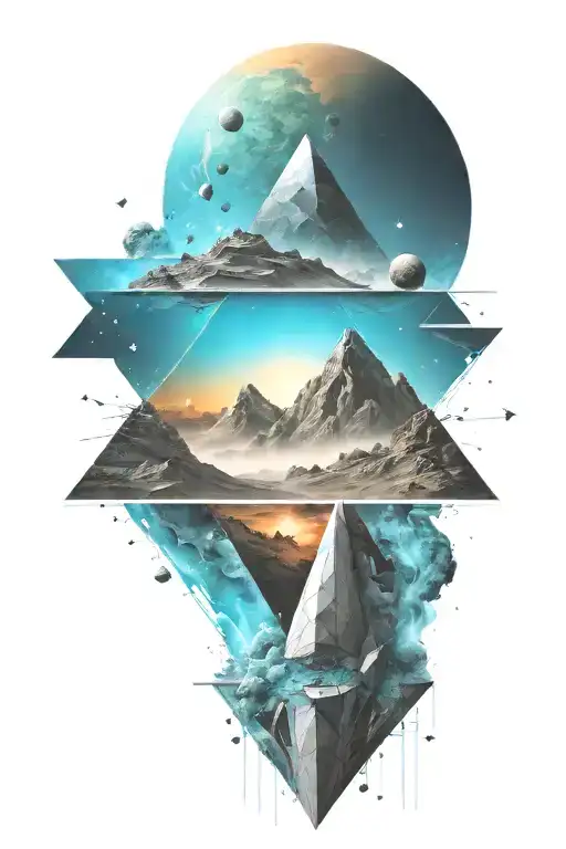 A space landscape inspired by technology incorporating triangles into the scene with cyan vapors tattoo design idea
