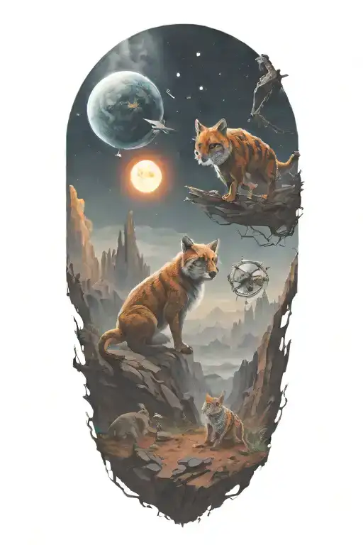 A technology inspired space landscape with animals tattoo design idea