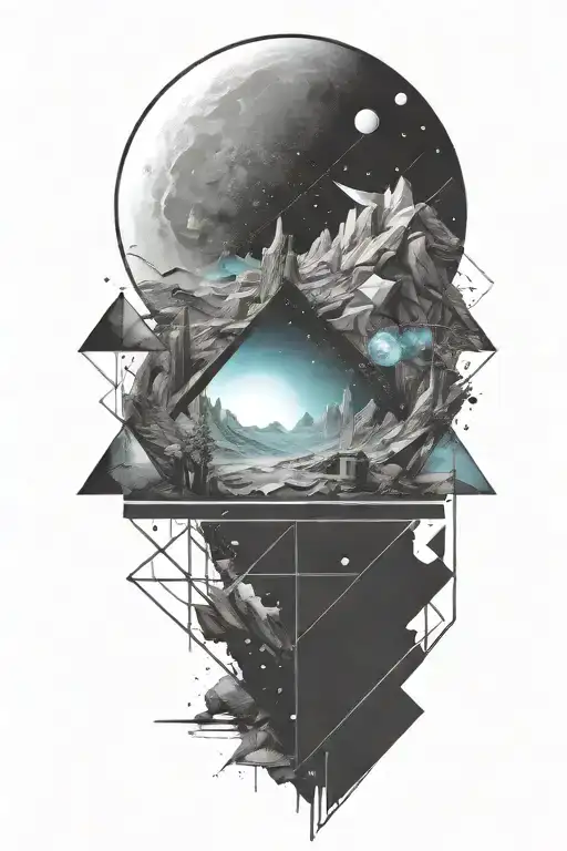 A geometric space landscape inspired by fantasy that incorporates a tiny amount of cyan tattoo design idea