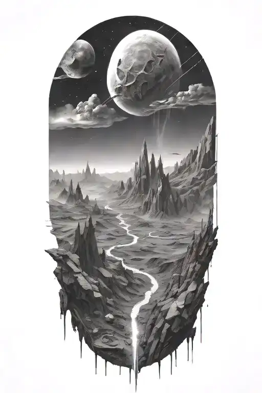 Futuristic landscape in space with Runescape runes hidden through the scene tattoo design idea