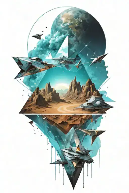 A space landscape inspired by technology incorporating triangles into the scene with cyan vapors tattoo design idea