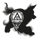 A blackwork tattoo of a loyal dog sitting under a mystical RuneScape rune, blending the client's favorite things of dogs and RuneScape. tattoo design idea
