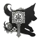 A blackwork tattoo of a loyal dog sitting under a mystical RuneScape rune, blending the client's favorite things of dogs and RuneScape. tattoo design idea