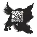 A blackwork tattoo of a loyal dog sitting under a mystical RuneScape rune, blending the client's favorite things of dogs and RuneScape. tattoo design idea