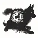 A blackwork tattoo of a loyal dog sitting under a mystical RuneScape rune, blending the client's favorite things of dogs and RuneScape. tattoo design idea