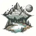 A realistic forested mountain with a river flowing through and a night sky of planets and stars tattoo design idea