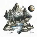 A realistic forested mountain with a river flowing through and a night sky of planets and stars tattoo design idea