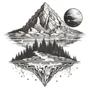 A realistic forested mountain with a river flowing through and a night sky of planets and stars tattoo design idea