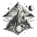 A realistic forested mountain with a river flowing through and a night sky of planets and stars tattoo design idea