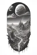 Futuristic landscape in space with Runescape runes hidden through the scene tattoo design idea