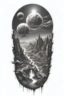 Futuristic landscape in space with Runescape runes hidden through the scene tattoo design idea