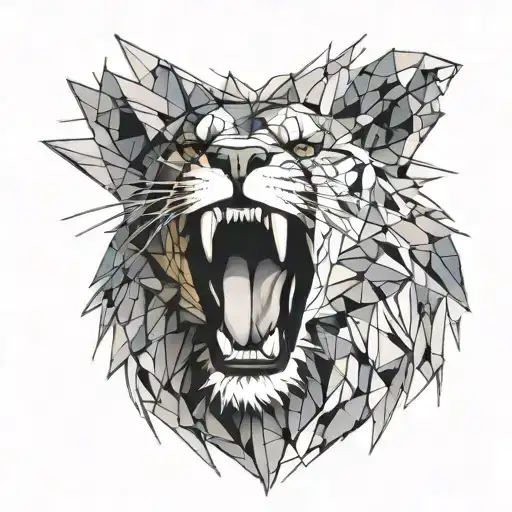 masculine roaring mouth open teeth geometric lion head with water color effect tattoo design idea