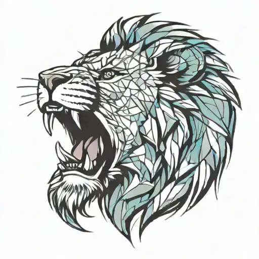 masculine roaring mouth open teeth geometric lion head to the side with water color effect tattoo design idea