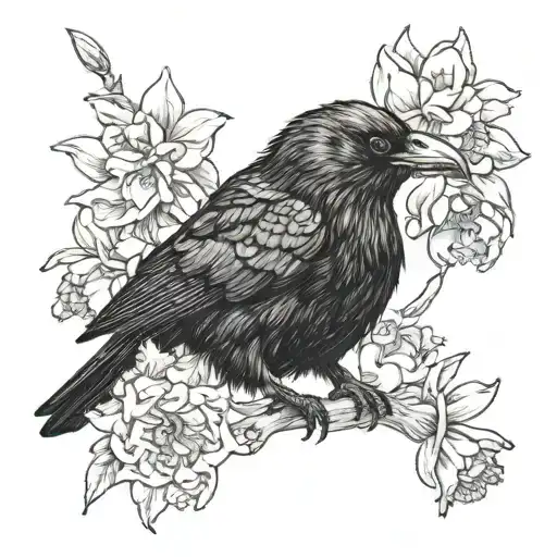 A crow with a red string in its mouth surrounded by daffodils and carnations like a tattoo tattoo design idea