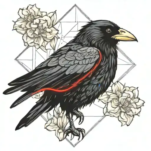 A crow with a red string in its mouth surrounded by daffodils and carnations like a tattoo tattoo design idea