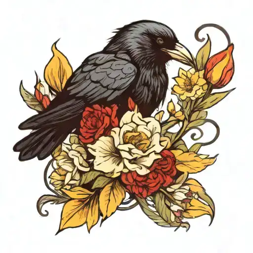 A crow with a red string in its mouth surrounded by daffodils and carnations like a tattoo tattoo design idea