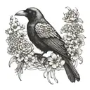 A crow with a red string in its mouth tangled around it surrounded by daffodils and carnations like a tattoo tattoo design idea