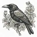 A crow with a red string in its mouth tangled around it surrounded by daffodils and carnations like a tattoo tattoo design idea
