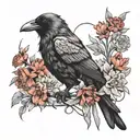 A crow with a red string in its mouth tangled around it surrounded by daffodils and carnations like a tattoo tattoo design idea