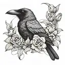 A crow with a red string in its mouth tangled around it surrounded by daffodils and carnations like a tattoo tattoo design idea