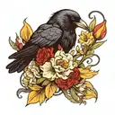 A crow with a red string in its mouth surrounded by daffodils and carnations like a tattoo tattoo design idea