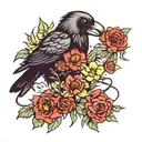 A crow with a red string in its mouth surrounded by daffodils and carnations like a tattoo tattoo design idea