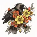 A crow with a red string in its mouth surrounded by daffodils and carnations like a tattoo tattoo design idea