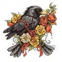A crow with a red string in its mouth surrounded by daffodils and carnations like a tattoo tattoo design idea